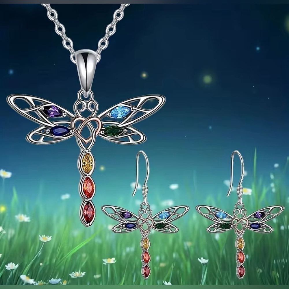 New 925 Silver Plated Rainbow Chakra Dragonfly Necklace Earrings Set 29$